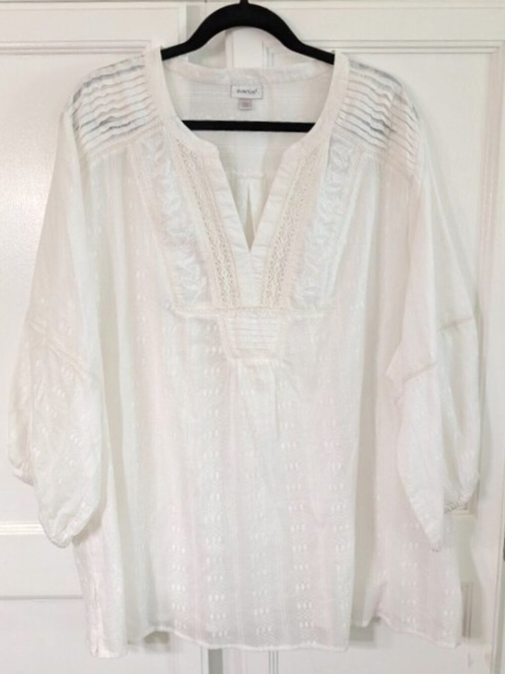 Avenue Boho White Cotton V-Neck Tunic Subtle Texture Swim Cover Up 30/32(=4X)